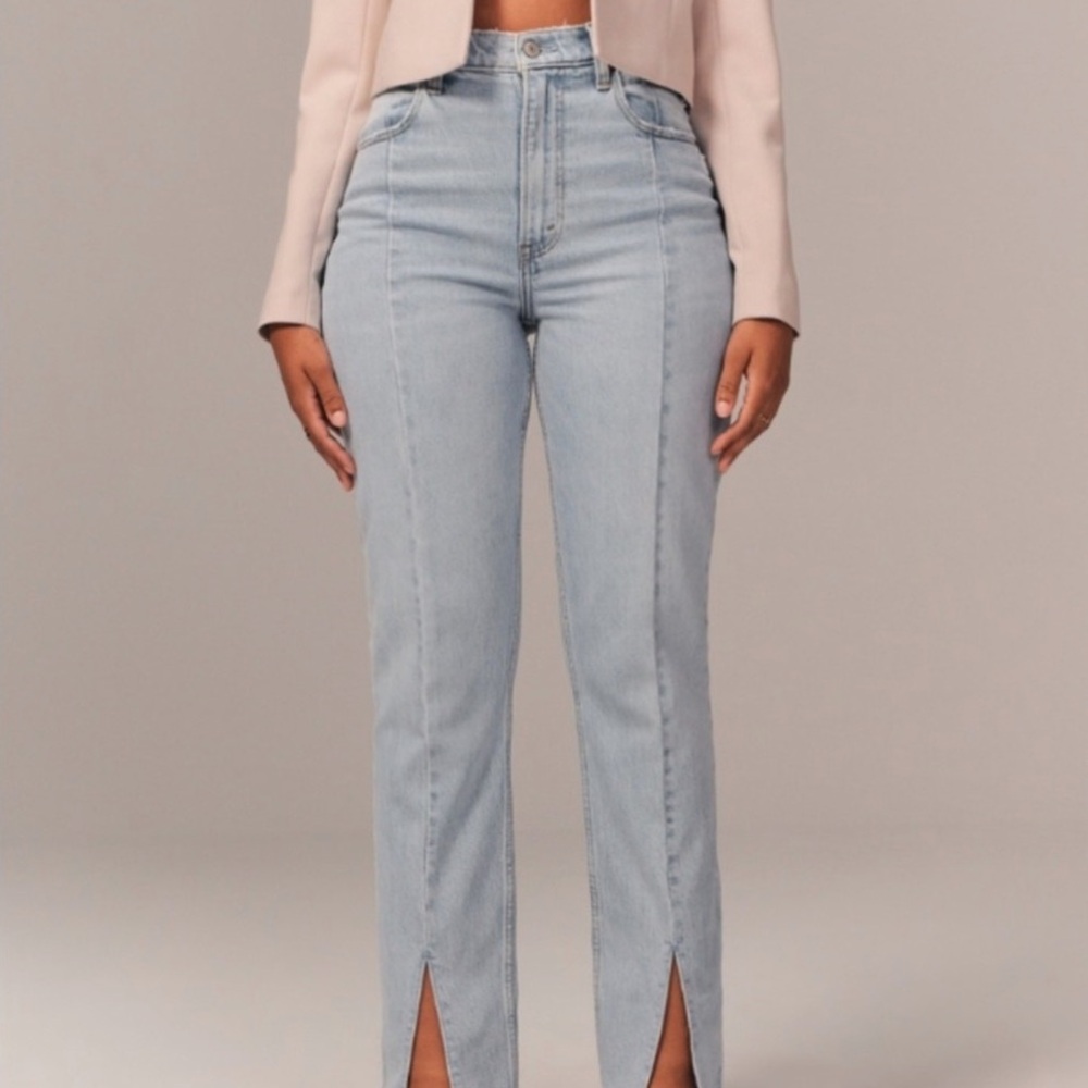 Abercrombie & Fitch Women's Light Blue Straight Leg Jeans (Split Hem Style)